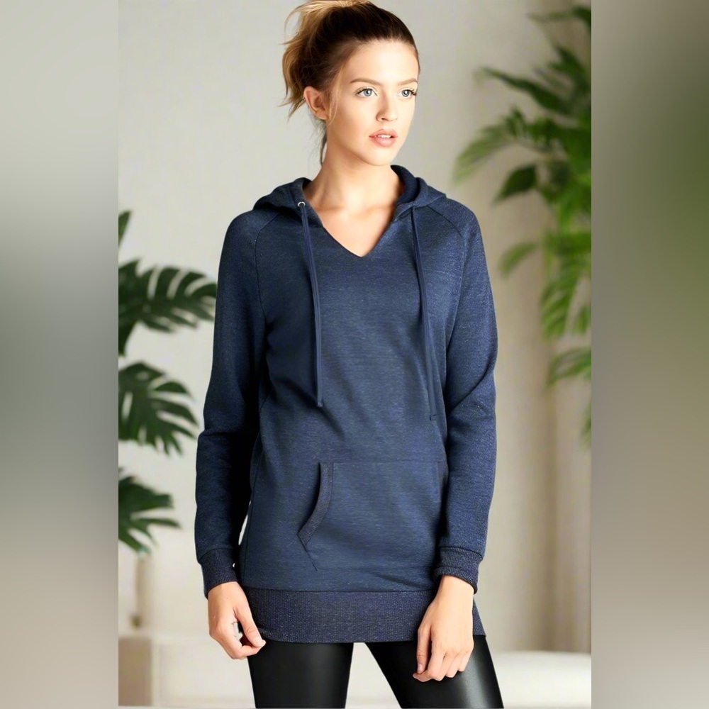 Large NEW Womens Navy Blue Slim Fit Hoodie, V-Neck Sweatshirt